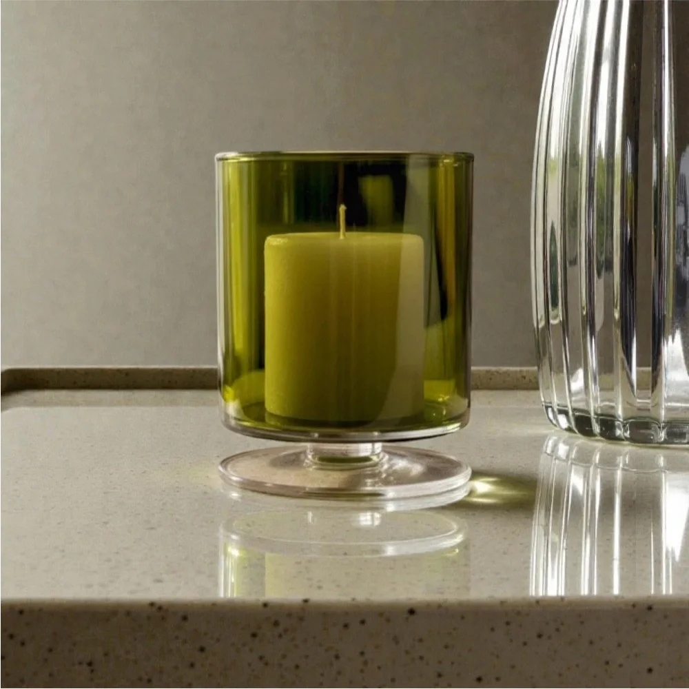 Crate&Barrel London Mini Hurricane Candle Holder Olive Green Glass Pedestal 5.5T - Picture 1 of 13
